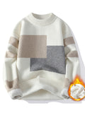 Cozy Thermal Men's Fleece-Lined Knit Sweater - Soft Polyester Blend, Machine Washable, Casual & Trendy Color Block Design - Perfect for Fall & Winter