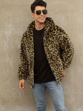 Soft, Warm Men's Faux Fur Hooded Jacket - Elegant Leopard Print Zip-Up Coat with Pockets, Machine Washable for Fall/Winter Casual Wear