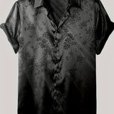 Home Relaxation, Men's Casual Short-Sleeve Button-Up Shirt with Subtle Floral Print - Lightweight Polyester, Summer Wear,, Collared Design, Easy Care