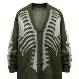 Plus Size Skeleton Print Long Sleeve V Neck Cardigan Sweaters - Men's Button Down Outwear Coats