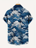 Men's Fashion Waves Pattern Allover Print Short Sleeve Button Up Lapel Hawaiian Style Shirt For Summer Resort Vacation