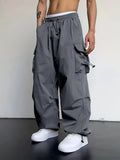 Unisex Polyester Cargo Pants - Solid Color Casual Work Pant with Flap Pockets, Side Drawstring Waist, Non-Stretch, All-Season