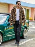 [Long Sleeve Leopard Print Jacket] RELISH NOLESS Men's Casual Leopard Print Faux Fur Hooded Jacket with Pockets - Polyester Knit Fabric, Long Sleeve, Zippered Winter Coat