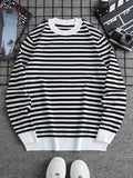 [Classic Crew Neck Striped Sweater] Men'S Classic Crew Neck Striped Sweater, Casual Sports Style, Breathable Knitted Pullover with Long Sleeves, for Spring/Fall - Daily & Weekend Casual Wear