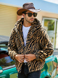 [Long Sleeve Leopard Print Jacket] RELISH NOLESS Men's Casual Leopard Print Faux Fur Hooded Jacket with Pockets - Polyester Knit Fabric, Long Sleeve, Zippered Winter Coat