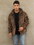 Soft, Warm Men's Faux Fur Hooded Jacket - Elegant Leopard Print Zip-Up Coat with Pockets, Machine Washable for Fall/Winter Casual Wear