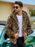 [Long Sleeve Leopard Print Jacket] RELISH NOLESS Men's Casual Leopard Print Faux Fur Hooded Jacket with Pockets - Polyester Knit Fabric, Long Sleeve, Zippered Winter Coat