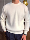 Men'S Casual Crew Neck Ribbed Knit Sweater, Polyester 95% Spandex 5% Solid Color Long Sleeve Top, Slight Stretch Loose Fit for Hiking & Outdoor, 240g/m² Knit Fabric, Spring/Fall/Winter Wear