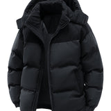 Winter Parka Jacket] Men's Thickened Winter Parka Jacket with Hood - Casual Polyester Ski Coat, Long Sleeve, Solid Color, Pea Coat