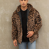 Soft, Warm Men's Faux Fur Hooded Jacket - Elegant Leopard Print Zip-Up Coat with Pockets, Machine Washable for Fall/Winter Casual Wear