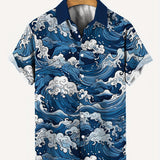 Men's Fashion Waves Pattern Allover Print Short Sleeve Button Up Lapel Hawaiian Style Shirt For Summer Resort Vacation