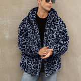 Soft, Warm Men's Faux Fur Hooded Jacket - Elegant Leopard Print Zip-Up Coat with Pockets, Machine Washable for Fall/Winter Casual Wear