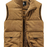 Thick Plush 100% Polyester JPDUN Men's Winter Vest - Casual Stand Collar, Multi-Pocket Outdoor Workwear, Warm Camisole Jacket, Loose Fit, Woven, Non-Stretch