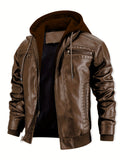 Men's Premium Faux Leather Jacket with Zip Pockets & Drawstring Hood - Vintage Style, Non-Stretch Fabric