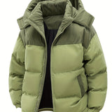 Winter Parka Jacket] Men's Thickened Winter Parka Jacket with Hood - Casual Polyester Ski Coat, Long Sleeve, Solid Color, Pea Coat