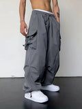 Unisex Polyester Cargo Pants - Solid Color Casual Work Pant with Flap Pockets, Side Drawstring Waist, Non-Stretch, All-Season