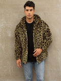 Soft, Warm Men's Faux Fur Hooded Jacket - Elegant Leopard Print Zip-Up Coat with Pockets, Machine Washable for Fall/Winter Casual Wear