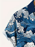 Men's Fashion Waves Pattern Allover Print Short Sleeve Button Up Lapel Hawaiian Style Shirt For Summer Resort Vacation