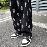 Preppy Style Skull Full Print Drawstring Casual Corduroy Men Baggy Pants Hip Hop Straight Sweatpants Male Loose Trousers