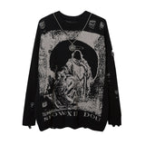 Harajuku Printed Knitwears Women Streetwear Hip Hop Destroyed Hole Ripped Pullovers Jumper Oversized Men