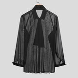 Men's Shirt Mesh See Through Lace Up Lapel Long Sleeve Camisas Streetwear Pleated Solid Party Men Clothing S-5XL