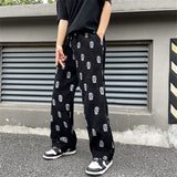 Preppy Style Skull Full Print Drawstring Casual Corduroy Men Baggy Pants Hip Hop Straight Sweatpants Male Loose Trousers