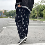 Preppy Style Skull Full Print Drawstring Casual Corduroy Men Baggy Pants Hip Hop Straight Sweatpants Male Loose Trousers