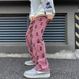 Preppy Style Skull Full Print Drawstring Casual Corduroy Men Baggy Pants Hip Hop Straight Sweatpants Male Loose Trousers