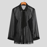 Men's Shirt Mesh See Through Lace Up Lapel Long Sleeve Camisas Streetwear Pleated Solid Party Men Clothing S-5XL