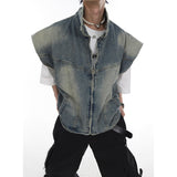 Summer niche retro washed denim shoulder pad vest jacket men's American trendy brand zipper design sleeveless jacket