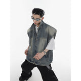 Summer niche retro washed denim shoulder pad vest jacket men's American trendy brand zipper design sleeveless jacket