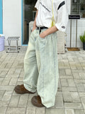 Washed niche wasteland loose side fold wide-leg jeans summer new neutral wind straight long pants