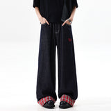 Small plaid stitching hem jeans women summer new retro wide-leg straight-leg versatile trousers