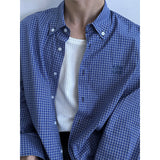 American retro lazy loose blue plaid long-sleeved shirt men  new versatile casual embroidered shirt trend