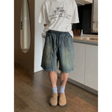 summer new straight large pocket retro loose denim shorts men's elastic waist versatile shorts men