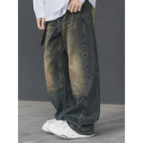 Washed distressed vintage jeans men summer new loose casual versatile wasteland style mopping long pants