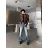 American niche washed pleated high street fashion jeans men's spring and summer new white wide-leg mopping long pants