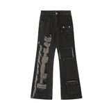 American retro wasteland style ripped multi-pocket bell bottom pants men's summer slim design workwear long pants trendy