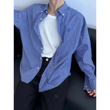 American retro lazy loose blue plaid long-sleeved shirt men  new versatile casual embroidered shirt trend