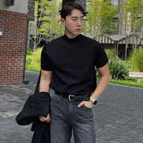 Gotmes-shop black men fashion urban Black Half Turtleneck Pullover Knitted T-shirt Men's American-Style Men's Short-Sleeved Sweater Trendy Slim Bottoming Half-Sleeved Shirt