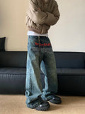 American retro washed old niche printed jeans trendy men's spring new loose design straight pants