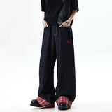 Small plaid stitching hem jeans women summer new retro wide-leg straight-leg versatile trousers