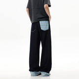 Small plaid stitching hem jeans women summer new retro wide-leg straight-leg versatile trousers