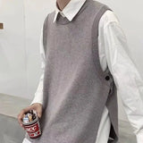 Knitted Sweaters for Men Crewneck Sleeveless Man Clothes Vest Solid Color Plain Round Collar Waistcoat Fleeced Plus Size Warm X