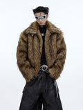 Winter Short Thick Warm Brown Hairy Soft Faux Fur Coat Men with Turn-down Collar Long Sleeve Fluffy Jackets