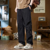 Spring Autumn New Fashion Elastic Waist Solid Men's Clothing Pockets American Style Drawstring Simplicity Casual Straight Pants