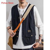 Summer Retro Loose and Thin Japanese Multi Pocket Workwear Sleeveless Vest Men