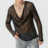 Mens Sexy See-Through Mesh Long-Sleeved Top  New Genderless Nightclub Individuality Youthful Thin Low-Cut T-Shirt Unisex