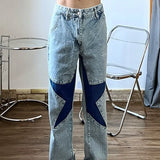 Loose Men's Jeans Vintage Star Straight Man Cowboy Pants with Print Retro Hip Hop Grunge Y2k Baggy Washed Trousers Ripped Punk L