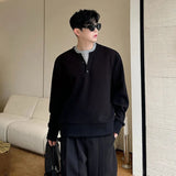 Winter Korean Crew Neck Knitted Fake Two Pieces Pullovers Men Casual Solid Color Button Fashion Goes Everything